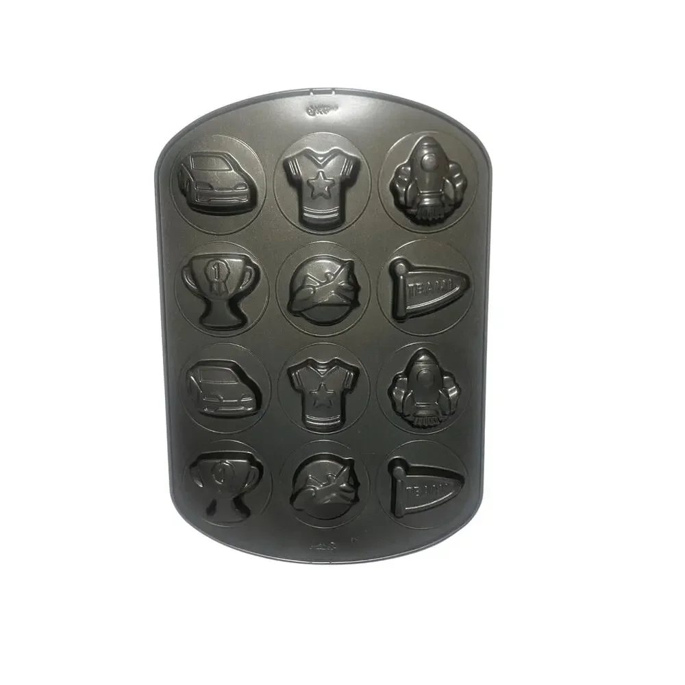 Wilton Ultra Bake 12-Cavity Cookie Mold Pan Car Rocket etc Boys Team Theme